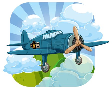 Téléchargez les illustrations : Un avion vintage classique volant au-dessus d'un ciel avec un fond de montagne, isolé dans un style d'illustration de dessin animé vectoriel - en licence libre de droit