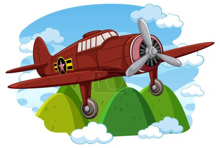 Ilustración de Un avión vintage clásico militar volando sobre un cielo con un fondo de montaña, aislado en un estilo de ilustración de dibujos animados vectoriales. - Imagen libre de derechos