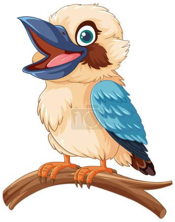 Illustration for A smiling kookaburra bird standing on a tree branch, isolated on a white background illustration - Royalty Free Image