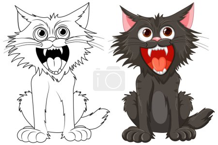 Ilustración de Una ilustración vectorial de dibujos animados de un gato con la boca abierta y los dientes afilados, aislado sobre un fondo blanco - Imagen libre de derechos