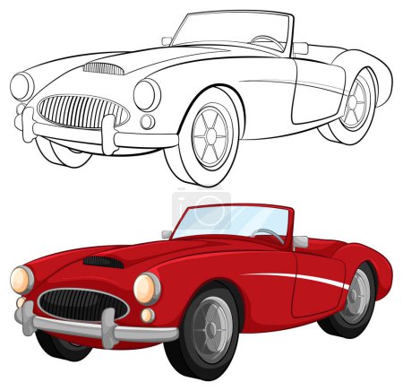 Illustration vectorielle d'une voiture décapotable vintage rouge, parfaite pour les pages à colorier
