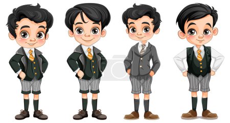 Téléchargez les illustrations : Ensemble de dessin animé étudiant garçon asiatique dans différentes illustrations uniformes - en licence libre de droit