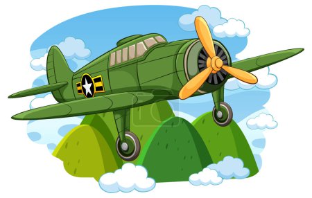 Téléchargez les illustrations : Un avion militaire vintage classique volant au-dessus d'un ciel avec un fond de montagne, isolé dans un style d'illustration vectoriel de dessin animé - en licence libre de droit
