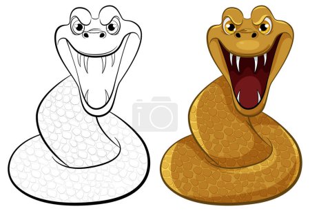 Ilustración de Una serpiente amarilla con escamas, boca abierta y dientes afilados está lista para morder, aislada sobre un fondo blanco - Imagen libre de derechos