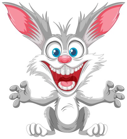 Illustration for A grey cartoon rabbit with a scary smile jumping in a fit of panic - Royalty Free Image