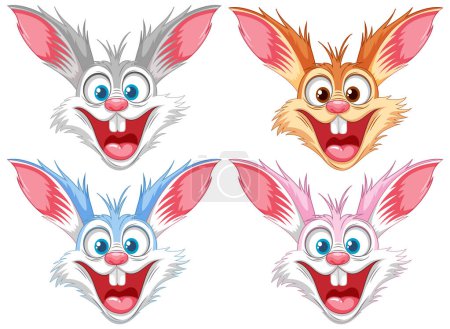 Téléchargez les illustrations : Quatre lapins de dessin animé avec de larges sourires isolés sur un fond blanc - en licence libre de droit