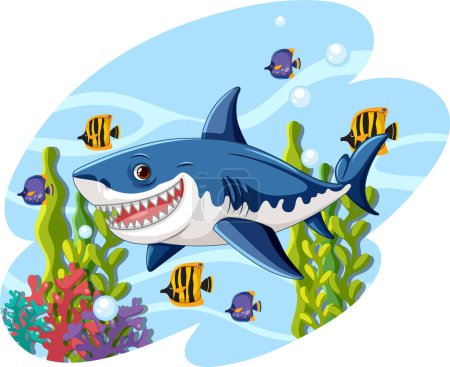 Ilustración de Una ilustración de dibujos animados de un gran tiburón blanco sonriendo y nadando bajo el agua con ilustración de coral y otros peces - Imagen libre de derechos