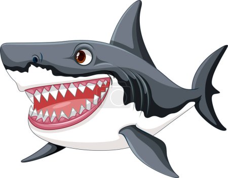 Téléchargez les illustrations : Illustration de dessin animé d'un grand requin blanc avec de grandes dents souriantes et nageant dans un fond blanc isolé - en licence libre de droit