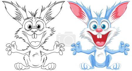 Ilustración de Un conejo de dibujos animados con una sonrisa de miedo saltando, aislado en blanco para colorear páginas - Imagen libre de derechos