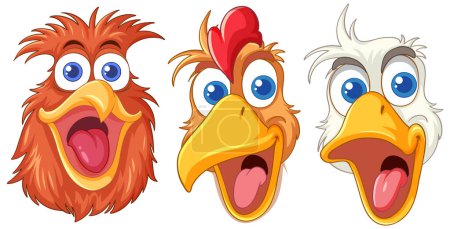 Téléchargez les illustrations : Illustration vectorielle joyeuse d'un groupe de volailles aux têtes souriantes - en licence libre de droit
