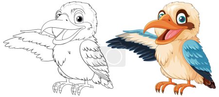 Ilustración de Una ilustración de dibujos animados de un pájaro sonriente de Kookaburra de pie con un ala abierta, aislado en la ilustración blanca - Imagen libre de derechos