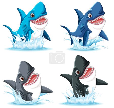 Téléchargez les illustrations : Illustration vectorielle d'un grand requin blanc avec de grandes dents, souriant et bondissant hors de l'eau - en licence libre de droit