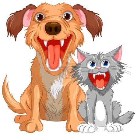 Illustration for A cartoon illustration of a cat and dog with sharp teeth baring their mouths open, isolated on a white background - Royalty Free Image