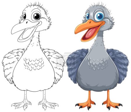 Téléchargez les illustrations : Un dessin animé souriant emu oiseau contour pour les pages à colorier, isolé sur blanc - en licence libre de droit