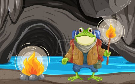 Illustration for Frog Backpacker Explores in the Cave illustration - Royalty Free Image