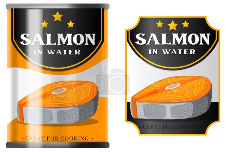 Téléchargez les illustrations : Saumon dans l'eau nourriture peut vecteur illustration - en licence libre de droit
