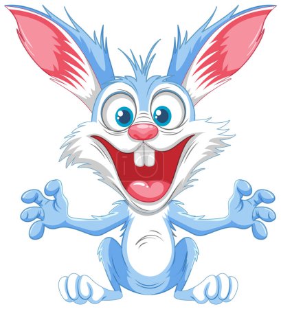 Ilustración de Un conejo de dibujos animados azul con una sonrisa de miedo salta en un ataque de pánico - Imagen libre de derechos