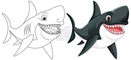 Ilustración de Una ilustración de dibujos animados de un gran tiburón blanco con dientes grandes sonriendo y nadando, aislado en blanco - Imagen libre de derechos
