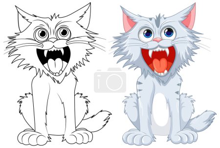 Ilustración de Ilustración de dibujos animados de un gato feroz con la boca abierta y los dientes afilados, aislado sobre un fondo blanco - Imagen libre de derechos