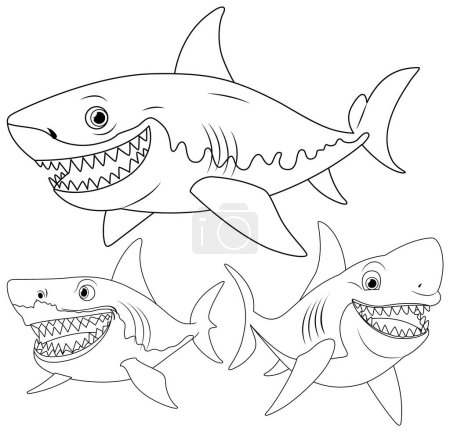 Ilustración de Una ilustración de dibujos animados de un gran tiburón blanco con dientes grandes sonriendo y nadando - Imagen libre de derechos