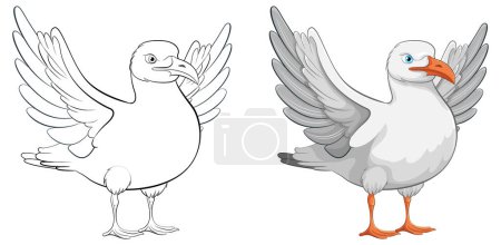 Téléchargez les illustrations : Illustration vectorielle d'un oiseau de mouette debout aux ailes ouvertes, prêt à voler, isolé sur fond blanc - en licence libre de droit
