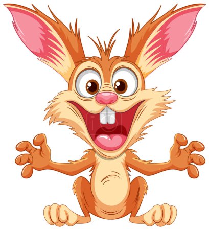 Ilustración de Un conejo de dibujos animados con una sonrisa de miedo saltando en un ataque de locura - Imagen libre de derechos