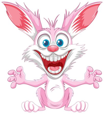 Illustration for A pink cartoon rabbit jumps with a wild and scary smile on its face - Royalty Free Image