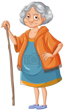 Ilustración de Grumpy anciana personaje de dibujos animados con ilustración palo leñoso - Imagen libre de derechos