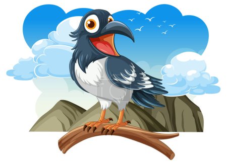 Téléchargez les illustrations : Un oiseau de pie joyeux se dresse sur une branche d'arbre sur un fond de ciel brillant - en licence libre de droit