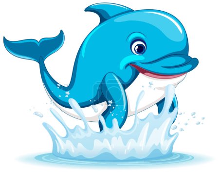 Illustration for A cartoon illustration of a dolphin smiling and jumping out of the water, isolated on a white background - Royalty Free Image