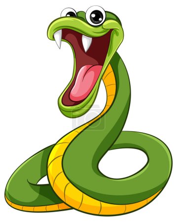 Ilustración de Una ilustración vectorial de dibujos animados de una serpiente verde con una boca abierta y grandes dientes afilados, aislados sobre un fondo blanco - Imagen libre de derechos