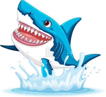 Téléchargez les illustrations : Une illustration de dessin animé d'un grand requin blanc avec de grandes dents, bondissant hors de l'eau avec une illustration sourire - en licence libre de droit