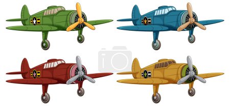 Téléchargez les illustrations : Quatre avions militaires classiques de différentes couleurs isolés sur un fond blanc - en licence libre de droit