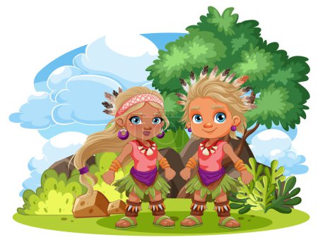 Illustration for A vector cartoon illustration of an indigenous couple in a tropical nature background - Royalty Free Image