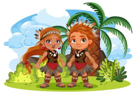Ilustración de Una ilustración vectorial de dibujos animados de una pareja indígena en un fondo de naturaleza tropical - Imagen libre de derechos