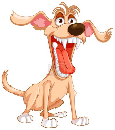 Téléchargez les illustrations : Illustration cartoon d'un chien fou à la bouche ouverte, révélant des dents acérées, isolé sur fond blanc - en licence libre de droit