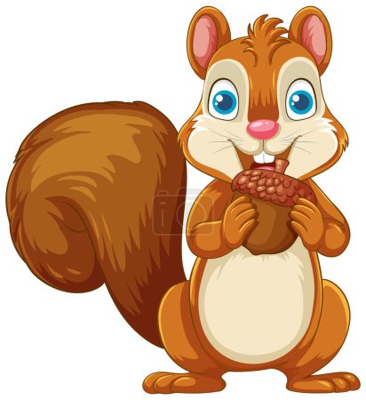 Illustration for A cartoon illustration of a smiling squirrel holding an acorn, isolated on a white background - Royalty Free Image