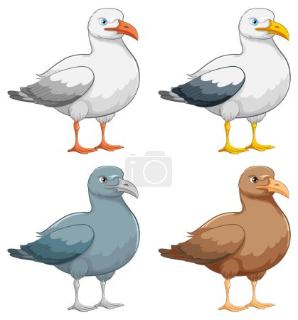 Ilustración de Four seagulls are standing isolated on a white background in a vector cartoon illustration style - Imagen libre de derechos
