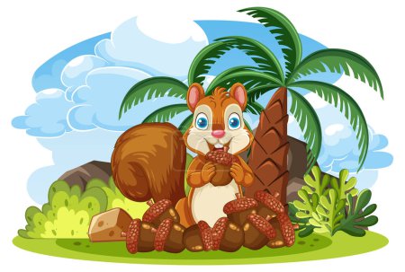 Téléchargez les illustrations : Une illustration de dessin animé d'un écureuil tenant un gland dans un fond de nature - en licence libre de droit
