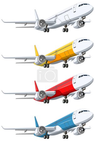 Ilustración de Un conjunto de aviones comerciales despegando, aislados sobre un fondo blanco en un estilo de ilustración de dibujos animados vectoriales - Imagen libre de derechos