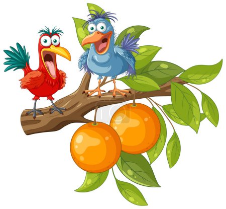 Illustration for Funny birds standing on orange tree branch illustration - Royalty Free Image