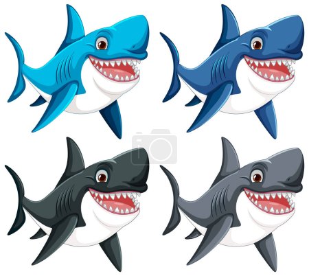 Téléchargez les illustrations : Illustration vectorielle d'un grand requin blanc aux grandes dents, souriant et nageant isolé sur blanc - en licence libre de droit