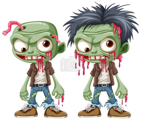Ilustración de Una colección de personajes de dibujos animados zombi verde en estilo de ilustración vectorial - Imagen libre de derechos