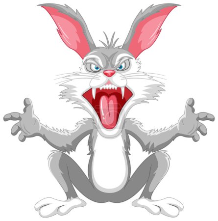 Téléchargez les illustrations : Une illustration de dessin animé vectoriel gris d'un lapin assis avec des dents acérées, isolé sur blanc - en licence libre de droit