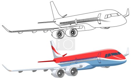 Téléchargez les illustrations : Une simple illustration de dessin animé d'un avion d'une compagnie aérienne commerciale volant, avec un contour pour la coloration - en licence libre de droit