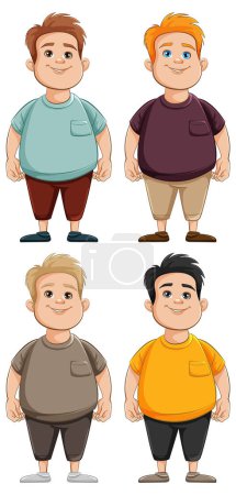 Téléchargez les illustrations : Quatre hommes de dessin animé portant des t-shirts dans un style d'illustration vectorielle - en licence libre de droit