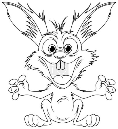 Téléchargez les illustrations : Un lapin dessin animé avec un sourire effrayant sautant, isolé sur un fond blanc - en licence libre de droit