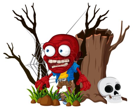 Illustration for A vector cartoon illustration of a furious zombie surrounded by a skull and spider web in a forest - Royalty Free Image