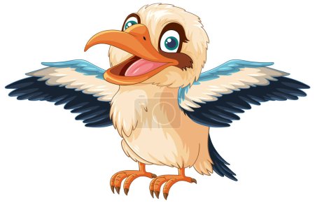 Ilustración de Una ilustración de dibujos animados de un pájaro sonriente Kookaburra con sus alas abiertas, aislado sobre una ilustración de fondo blanco - Imagen libre de derechos