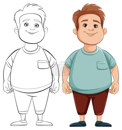 Illustration for A vector cartoon illustration of a chubby teen man wearing a t-shirt, ready for coloring - Royalty Free Image